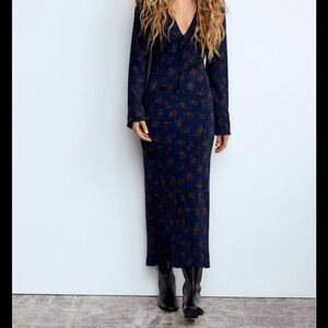 NWT Zara Navy Floral Print Long Sleeve Maxi Fairy Boho Dress XS